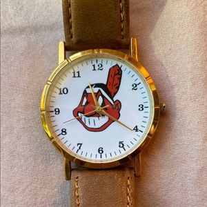 Brown Leather Strap Watch with Chief Wahoo